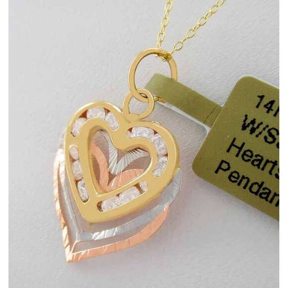 Created White Sapphire Heart Necklace 14k Tri Tone Gold - Picture 2 of 3